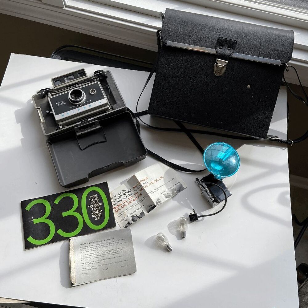 Vintage Polaroid 330 Land Camera Bundle w/ Case, Flash, Bulbs, Manuals